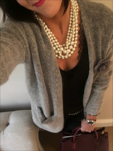 My Midlife Fashion, La Bante Cabriole tote, h&m mohair cardigan, J Crew twisted pearl necklace