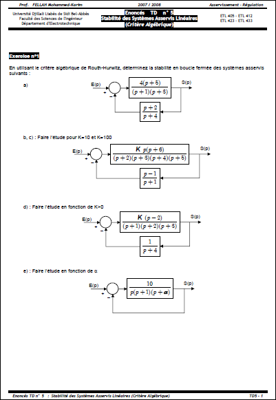 TD 5 ASSERVISSEMENT – RÉGULATION Stabilité des Systèmes Asservis Linéaires