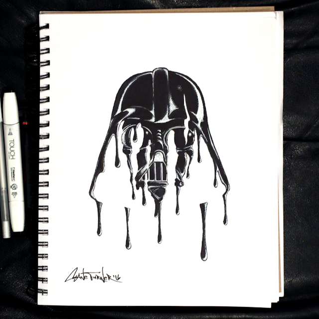 Drawing of Darth Vader helmet / mask , created out of dripping black liquid. Star wars artwork made with black and white ink on paper by Shane Turner.