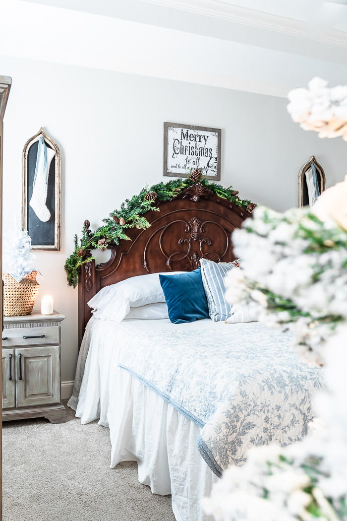 blue and white quilt, Christmas bedroom, garland, tree