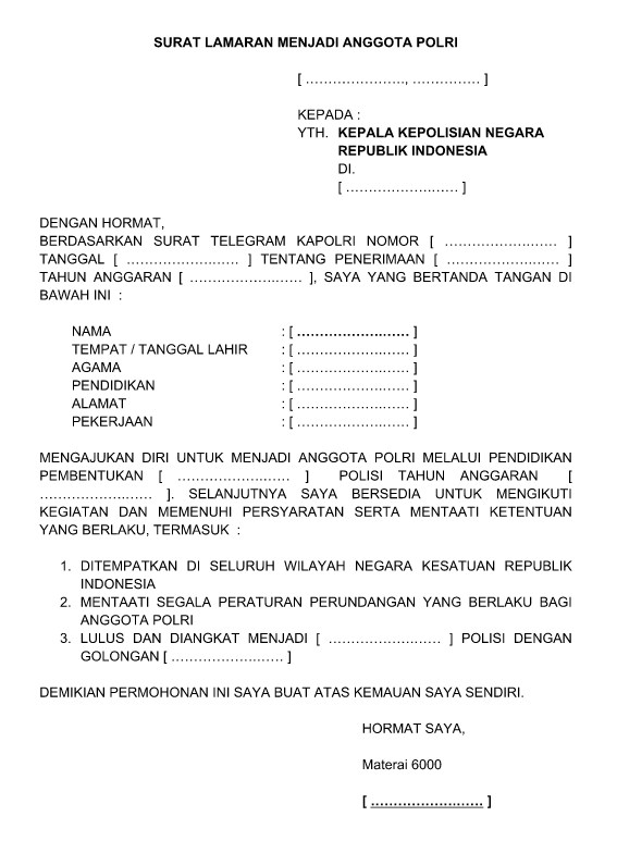 Contoh Surat Lamaran Kerja Menjadi Anggota Polri / Polwan 