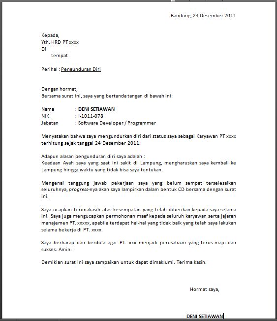 Surat Pengunduran Diri Surat Pengunduran Diri Contoh 