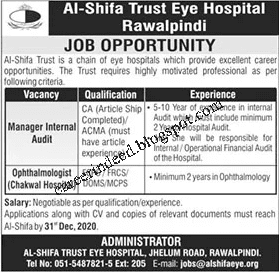 Jobs in Al-Shifa Trust Eye Hospital 2020 Latest Advertisement For Multiple Posts