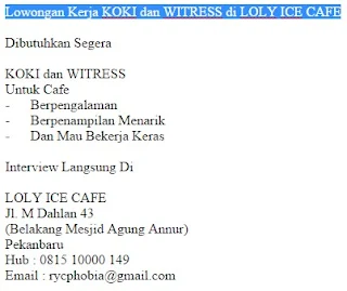 Lowongan Kerja KOKI dan WITRESS di LOLY ICE CAFE