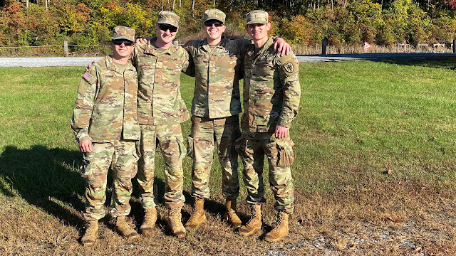 Army 2nd Lt. Cole Crandall (2nd from left) with USU classmates during M4 weapon range day. (Photo courtesy of 2nd Lt. Cole Crandall)