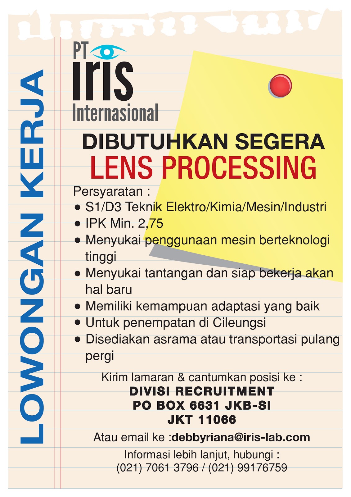 Info Lowongan Kerja AKA Bogor: Job Vacancy As Lens Processing (PT Iris