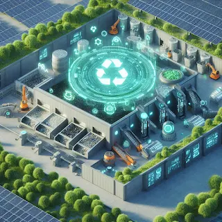 A futuristic recycling facility with automated machines, digital interfaces, and solar panels, symbolizing sustainability, efficiency, and technological innovation.