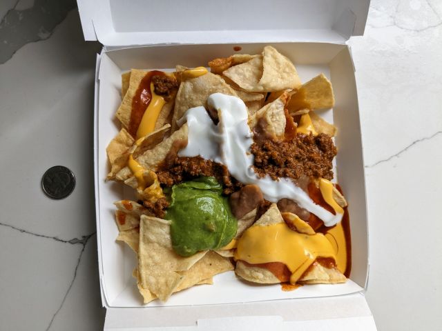 Top-down view of Taco Bell Loaded Beef Nachos.