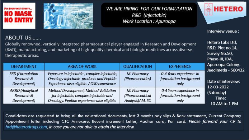 Job Availables,Hetero Labs Ltd Job Vacancy For M.Pharm/ MSc- Freshers/ Experienced