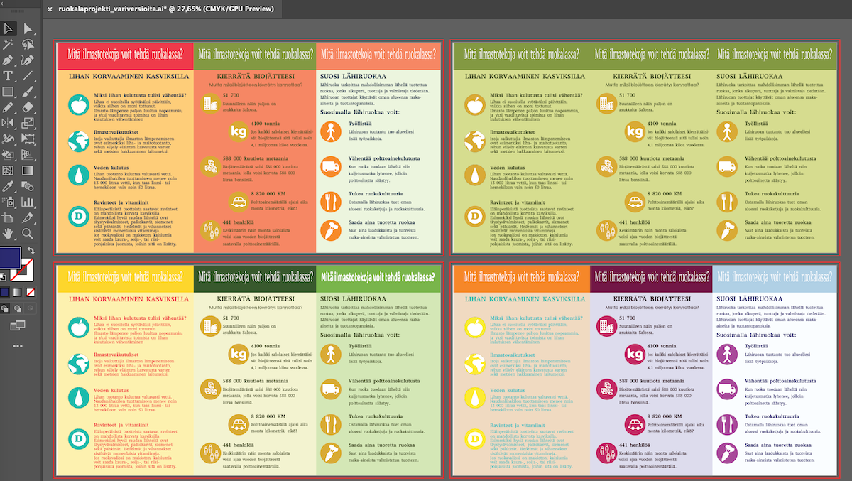 Kuvakaappaus Illustratorista, jossa näkyy useita eri värisiä versioita samasta työstä.
