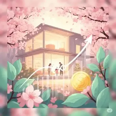 주택에서 가족 세명이 머무르고 있는 일러스트