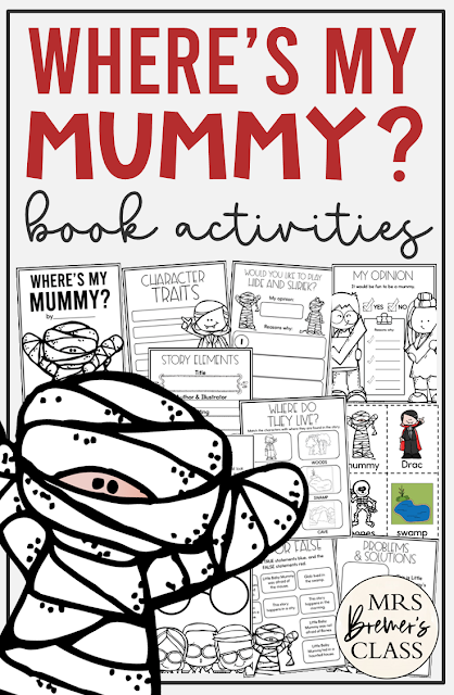Where's My Mummy book activities unit with printables, literacy companion activities, reading worksheets and a craft for Halloween in Kindergarten and First Grade