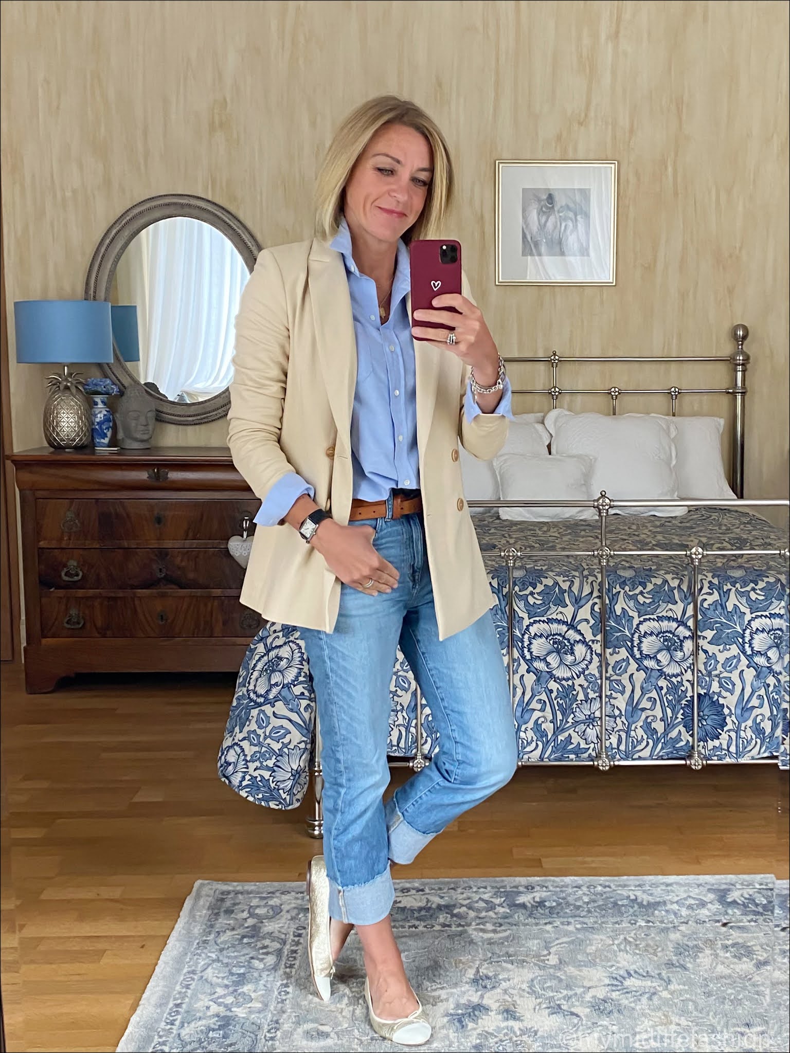 my midlife fashion, saint and Sofia Cambridge blazer, sesame tomboy shirt, Massimo Dutti leather belt, j crew turn up boyfriend jeans, j crew two tone ballet pumps