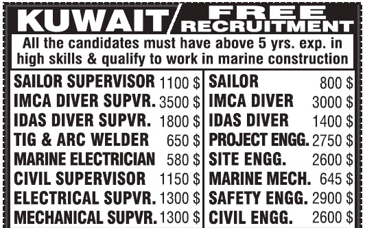 Offshore Marine jobs in Kuwait - Free recruitment to Kuwait