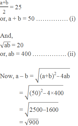 "a+b" /"2"  = 25  or, a + b = 50 …………… (i)  And, √("ab" ) = 20 or, ab = 400 ……………. (ii)  Now, a – b = √(〖"(a+b)" 〗^"2" –"4ab" ) 	= √(〖"(50)" 〗^"2" –"4×400" ) 	= √("2500–1600" ) 	= √("900" )