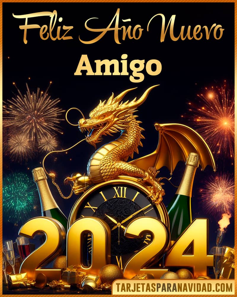 Tarjeta De Feliz Año Nuevo 2024 Con Dragon Dorado Para Amigo
