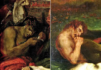 Eugène Delacroix's Death of Sardanapalus painting reveals a wounded man reminding the demon souls in the Barque of Dante.