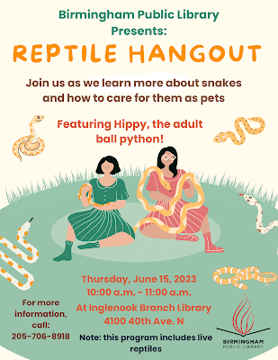 Flyer for the Reptile Hangout at Inglenook Library
