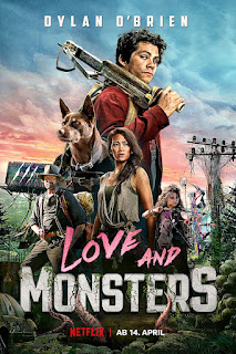Movie poster of the film "Love and Monsters". It features an ensemble of characters as well as the title and the actor's name "Dylan O'Brien".