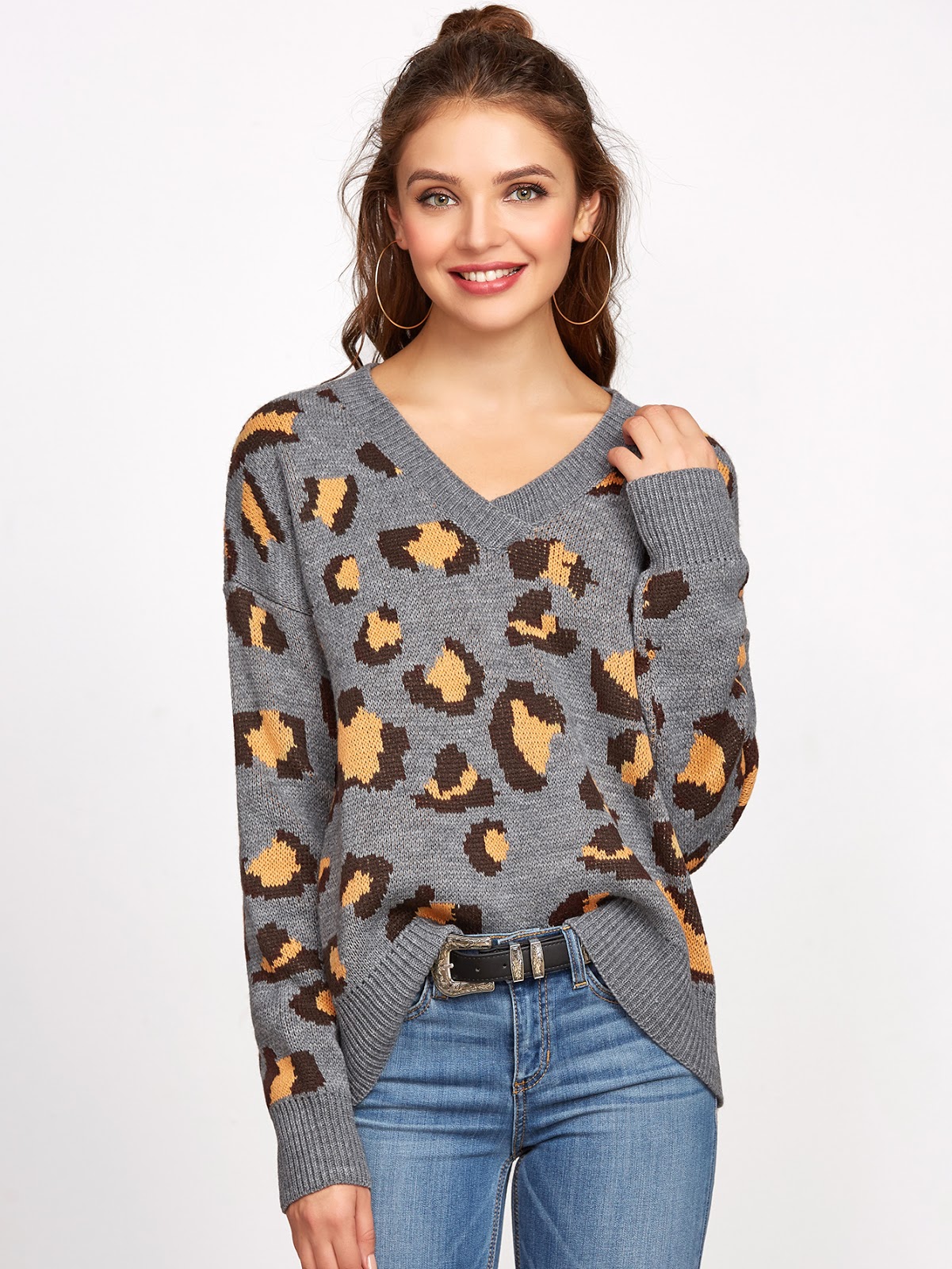  Grey V Neck Drop Shoulder Leopard Sweater