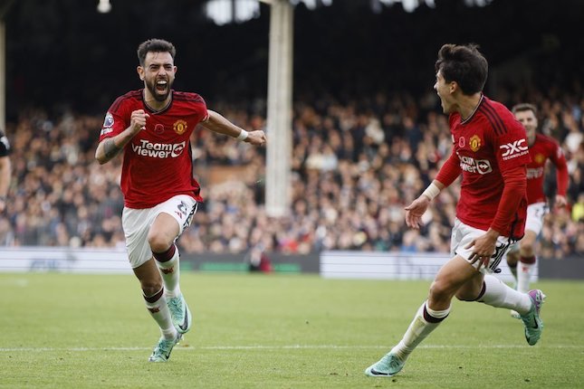 Bruno Fernandes usai mencetak gol ke gawang Fulham pada pekan ke-11 Premier League