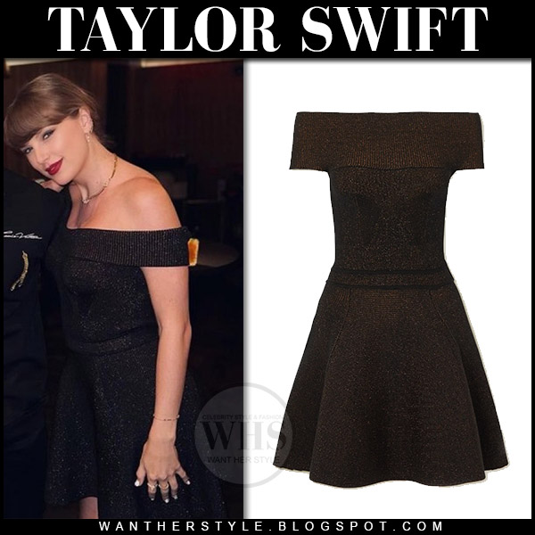 Taylor Swift in black off shoulder mini dress