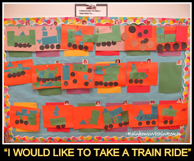 photo of: Bulletin Board of Train Art Projects from Geometric Shapes in Preschool via RainbowsWithinReach