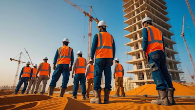 Pakistani construction workers active on a site in Oman
