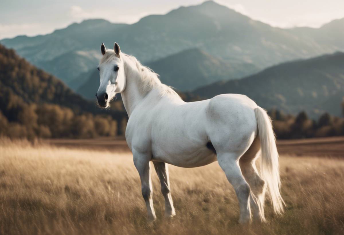 beautiful white horse in field with mountains