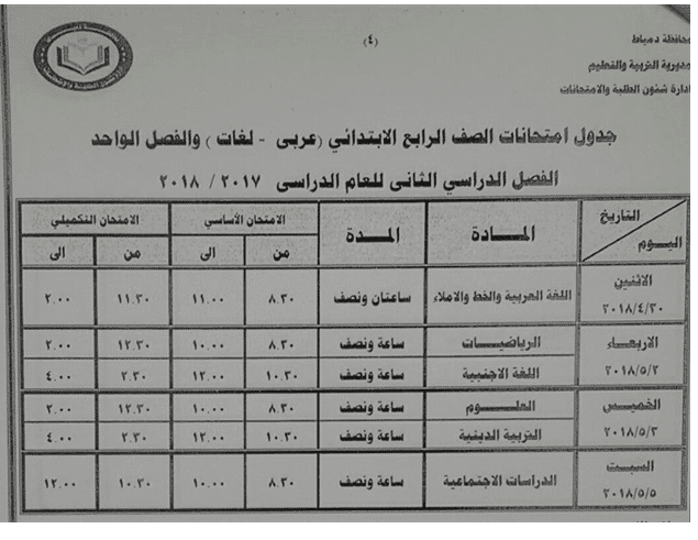 جداول امتحانات آخر العام الترم الثانى محافظة دمياط