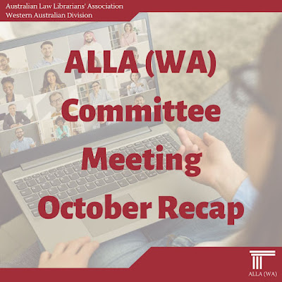 Image shows text of "ALLA Committee Meeting October Recap" over image of woman attending virtual meeting on a laptop.