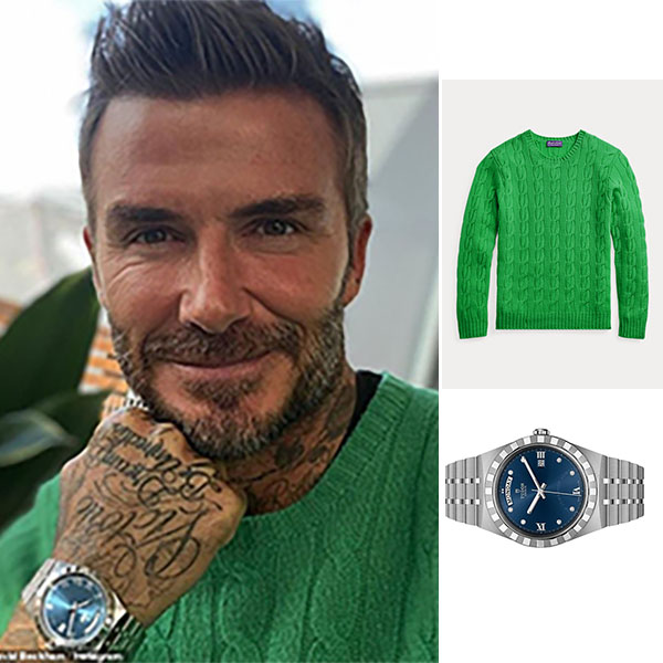 David Beckham wearing Ralph Lauren green knit sweater and silver Tudor watch