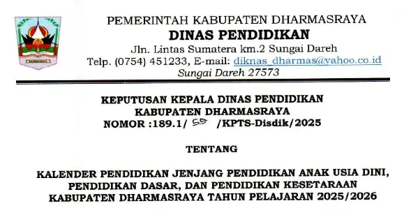 Kalender Pendidikan TK PAUD SD SMP Kabupaten Dharmasraya Tahun Pelajaran (Akaran) 2025/2026