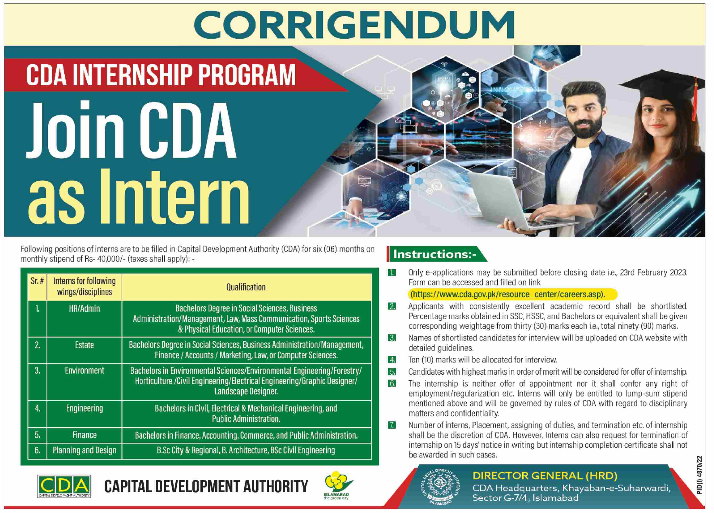 Latest Capital Development Authority CDA Management Posts Islamabad 2023