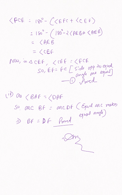 In the following figure, ABCD is a cyclic quadrilateral in which AD is parallel to BC. If the bisector of angle A meet BC at point E and the given circle at point F, prove that: (i) EF = FC (ii) BF =DF