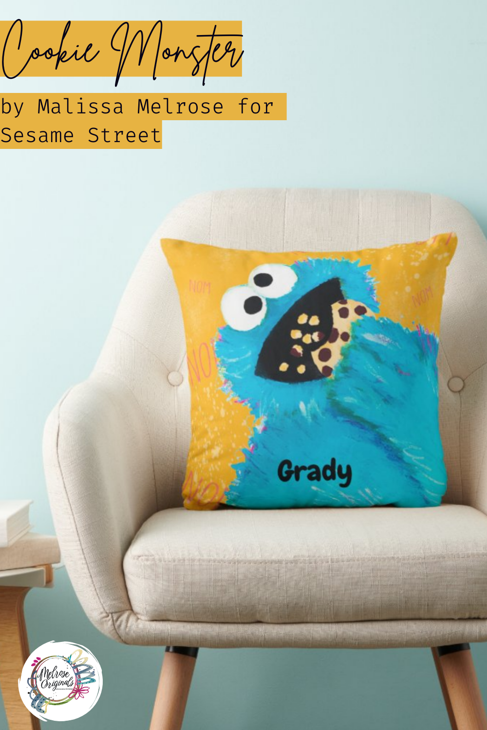 image of pillow with sesame street's Cookie Monster