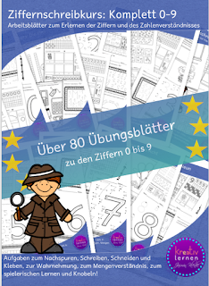 Lehrwerk unabhängige Übungsaufgaben zum Trainieren der Schreibrichtung der Ziffern, Arbeitsblätter zum Mengen erfassen, zum kreativen Umgang mit den Ziffern für Partnerübungen und kooperative Arbeitsphasen.