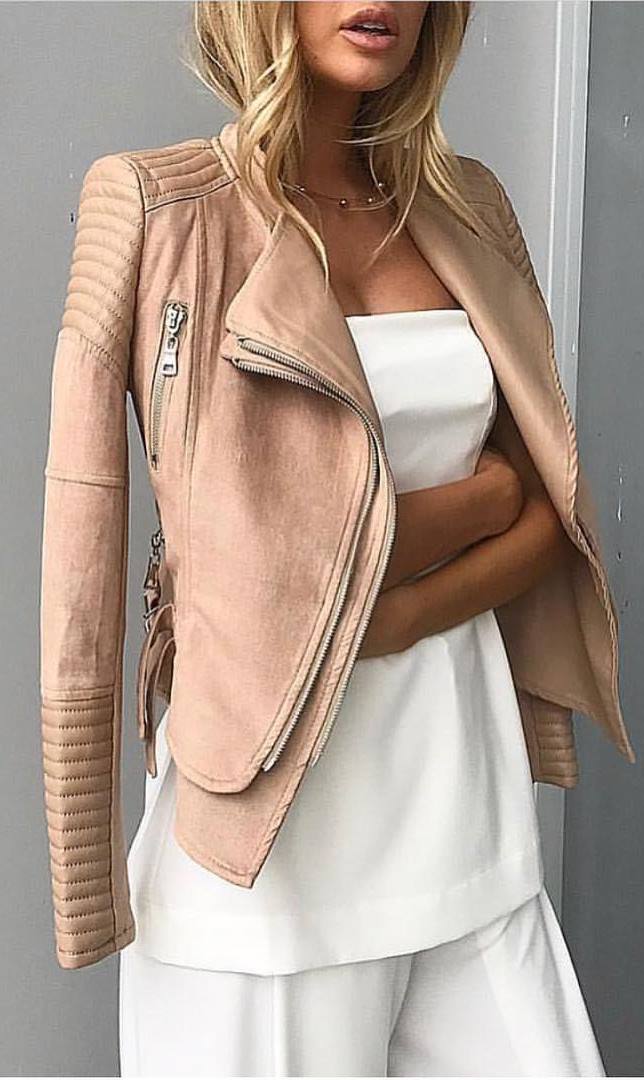 nude and white ootd / moto jacket + blouse + pants