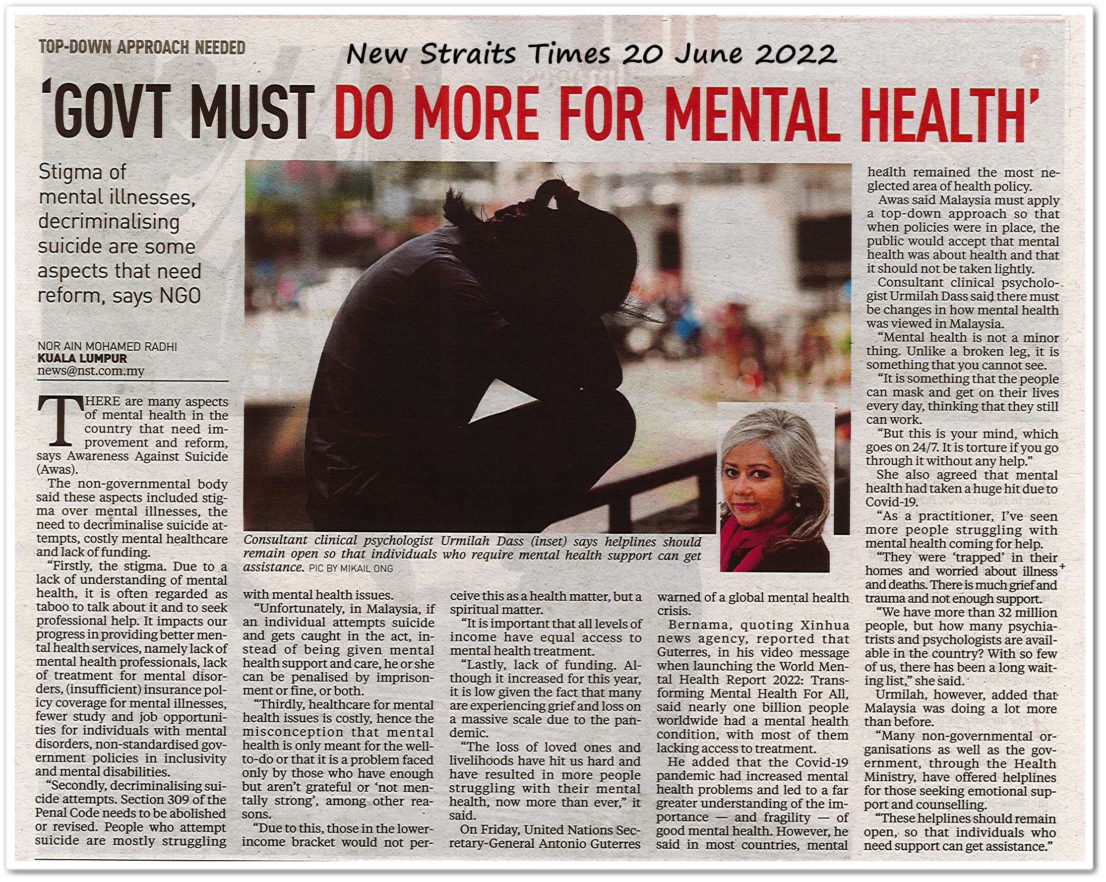 'Govt must do more for mental health' ; Stigma of mental illnesses, decriminalising suicide are some aspects that need reform, says NGO - Keratan akhbar New Straits Times 20 June 2022