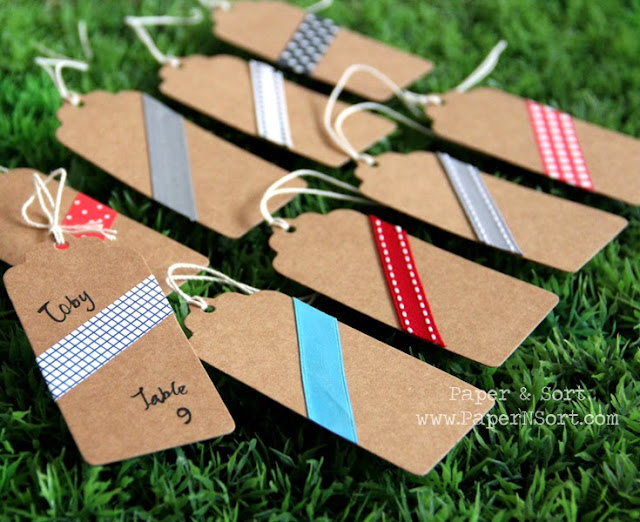 escort card place card made of sturdy kraft hang tag with scalloped top decorated with colorful masking fabric tape ribbon