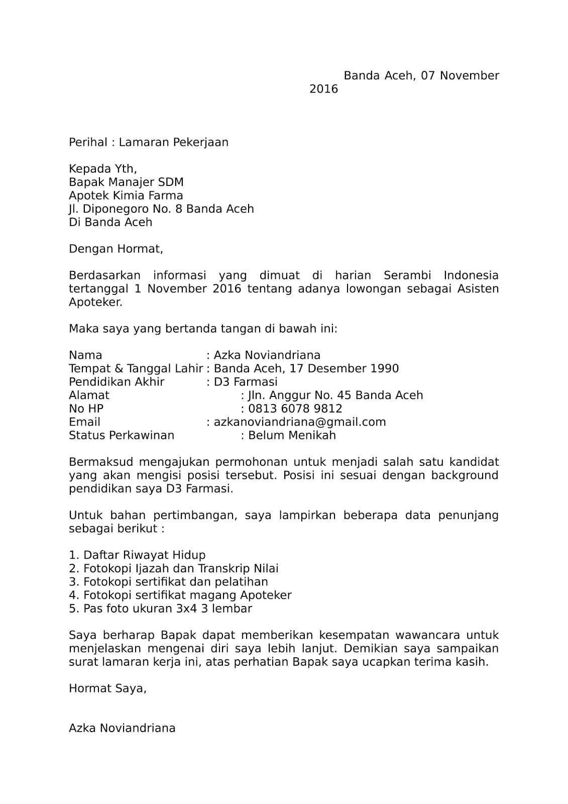 Contoh Surat Lamaran Pekerjaan Apotek  Kotasurat.com