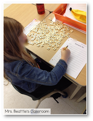 Photo of student working on Bananagrams center.