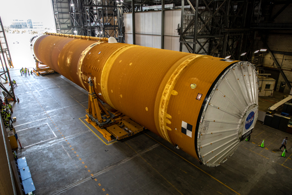 The Space Launch System's (SLS) core stage booster for Artemis 1 is transported into the Vehicle Assembly Building at NASA's Kennedy Space Center in Florida...on April 29, 2021.