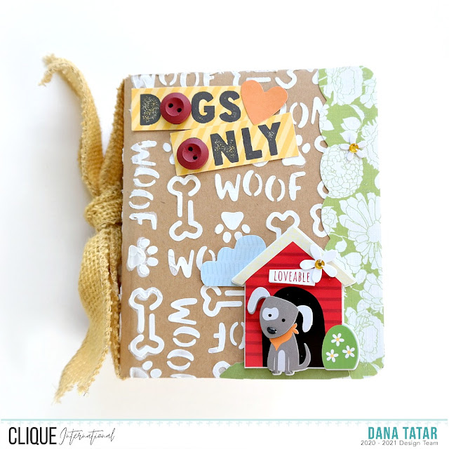 Chipboard Mini Album with Stenciled Cover and Layered Dog Stickers