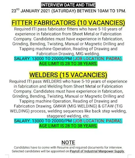 Job Vacancy For ITI Fitter And Welder Experienced Candidates in Manufacturing Industry Gujarat
