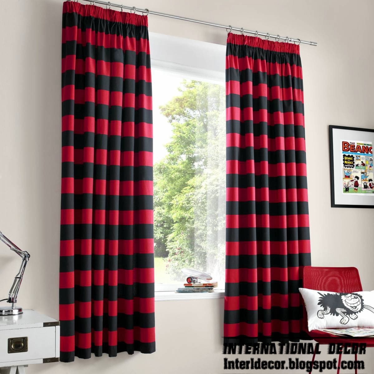 red curtains, red and black striped curtain and window treatments