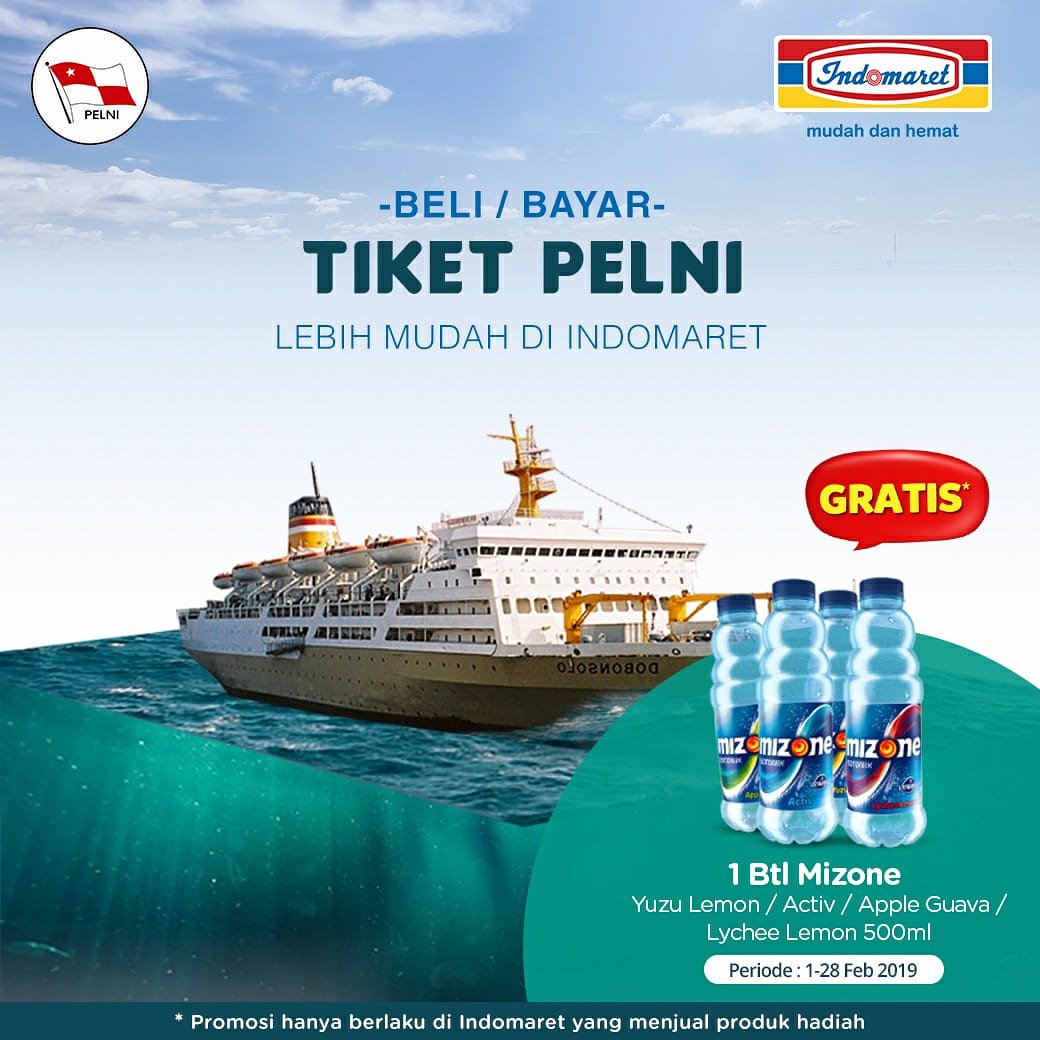 #Indomaret - #Promo Beli & Bayar Tiket PELNI Gratis 1 Btl Mizone (s.d 28 Feb 2019)