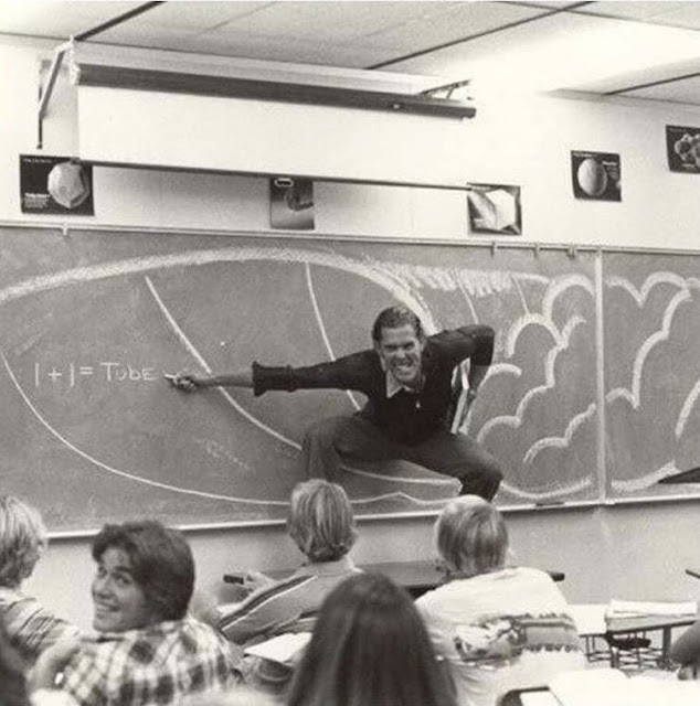 A California teacher teaching the physics of surfing, 1970.