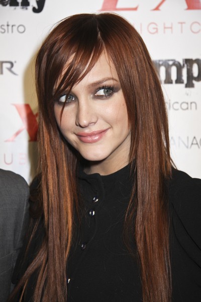 Ashlee Simpson long straight brunette hairstyle.