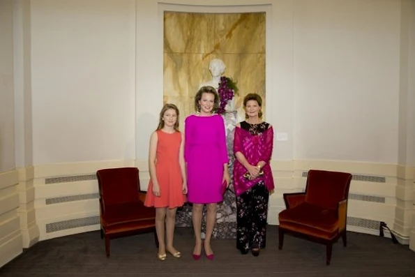 Queen Mathilde and Crown Princess Elisabeth of Belgium attends the finals of the 2016 Queen Elisabeth Piano Competition at Palace of Fine Arts. Czech pianist Lukáš Vondrácek. Style of Queen Mathilde, dress, style